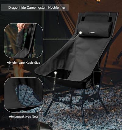 Famanu - Dragonhide Campingstoel, klapstoel, vissersstoel, hoge rugleuning, opvouwbaar, belastbaar tot 125 kg, licht, inklapbaar, met 2 zijzakken, voor outdoor, wandelen, zwart