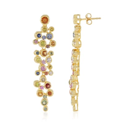 Cavill - Lange Zilveren Oorbellen - 925 Sterling Zilver Verguld - Saffieren uit Madagaskar 4,887 ct - Elegante Ronde Prong Zetting - 54 mm Kleursteen