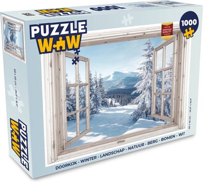 Puzzel Doorkijk - Winter - Landschap - Natuur - Berg - Bomen - Wit - Legpuzzel - Puzzel 1000 stukjes volwassenen