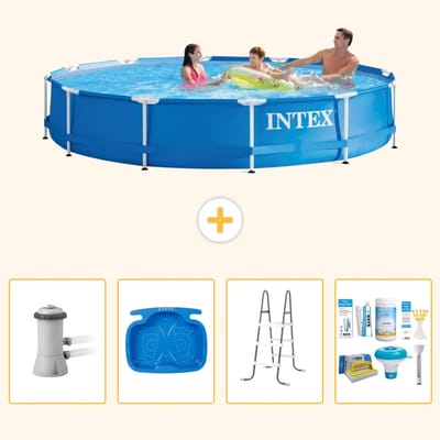 Intex Rond Frame Zwembad - 366 x 76 cm - Blauw - Inclusief Pomp - Voetenbad - Ladder - Onderhoudspakket - 5-delig