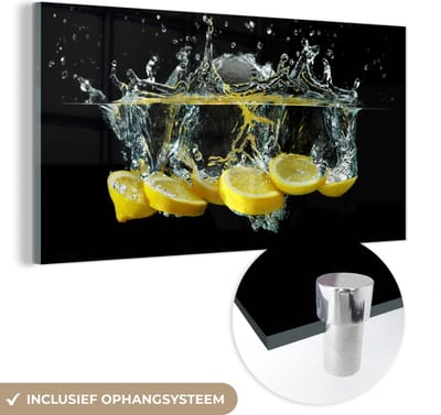 MuchoWow® Glasschilderij 120x60 cm - Schilderij acrylglas - Citroen - Fruit - Geel - Stilleven - Water - Foto op glas - Schilderijen