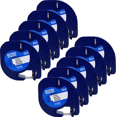 DULA - Dymo LetraTag 91201 - S0721610 - Label Tape - Zwart op Wit plastic - 12mm x 4m - 10 Stuks