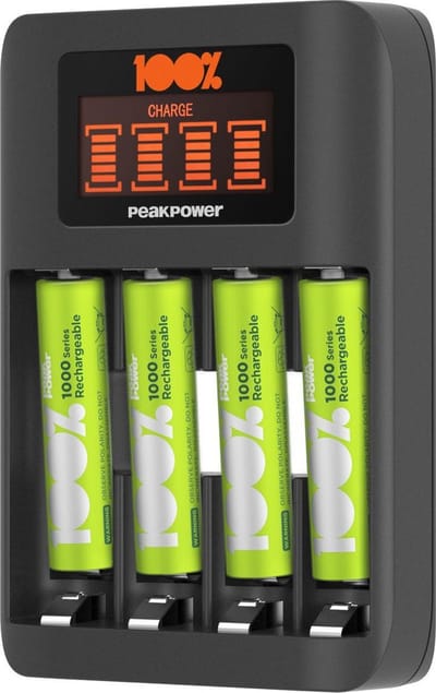 100% PeakPower Batterijoplader U412 - Batterij oplader voor AA en AAA - Snelle Batterijlader incl. 4 oplaadbare batterijen AAA 800 mAh