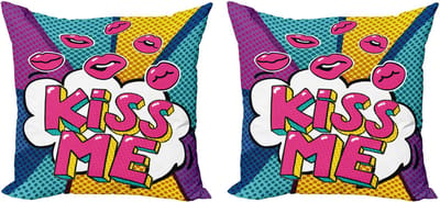 ABAKUHAUS Kiss Decoratieve Kussenhoes 2-pack, Tekstballon Pop Art Stijl, 45x45 cm, Meerkleurig Roze