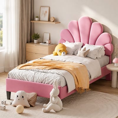 Gestoffeerd bed 90x200 cm - Eenpersoonsbed 90x200 cm - Hoofdbord met Fluwelen stof - Bloemblad-vormig hoofdbord - Houten Lattenbodem - Roze