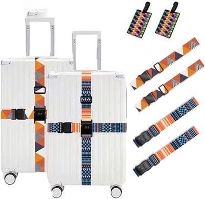 SnelShoppen - Verstelbare Kofferriem met Combinatieslot, 4 Stuks Bagagestraps met 2 Bagagetags, Multifunctionele Kofferriem, Ideaal voor Reizen, Veili