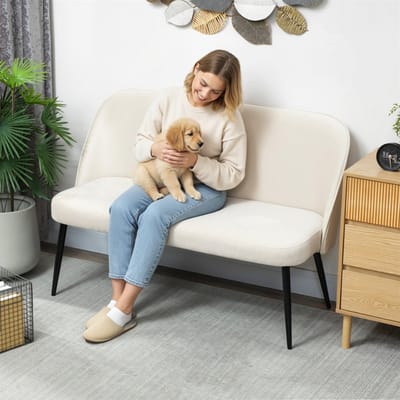MODFU 2-Zitsbank - Ergonomische Rugleuning - Modern Minimalistisch - Voor Woonkamer - Metaal En Eucalyptushout - Beige - 127 X 63 X 84,5 Cm