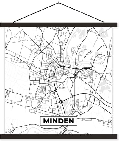 Posterhanger incl. Poster 60x60 cm - Schoolplaat - Minden - Stadskaart - Plattegrond - Kaart - Textielposter - Zwarte latten - Stadskaart