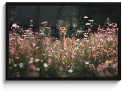 Poster in lijst - Fotolijst 90x60 cm - Posters - Hert - Wilde bloemen - Bos - Posterlijst zwart - Decoratie - Wanddecoratie woonkamer - Muurdecoratie slaapkamer