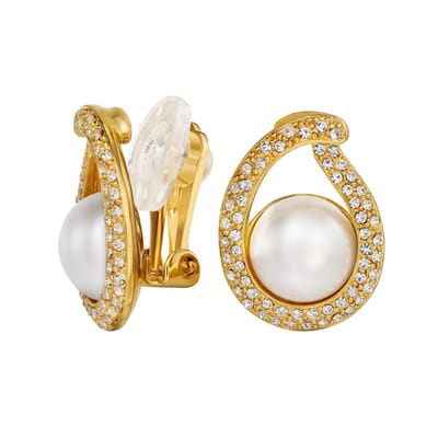 Traveller Clip Oorbellen - Oorclips Dames - Verguld - Parels - Wit - 10mm - Kristallen - Druppelvorm - 20x15mm - 114367