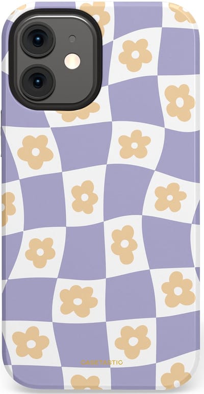 Casetastic hoesje geschikt voor Apple iPhone 12 Mini - Dubbellaagse bescherming - Kronkelende madeliefjes - Fashion Case - Lila Wit Zand Lichtgrijs