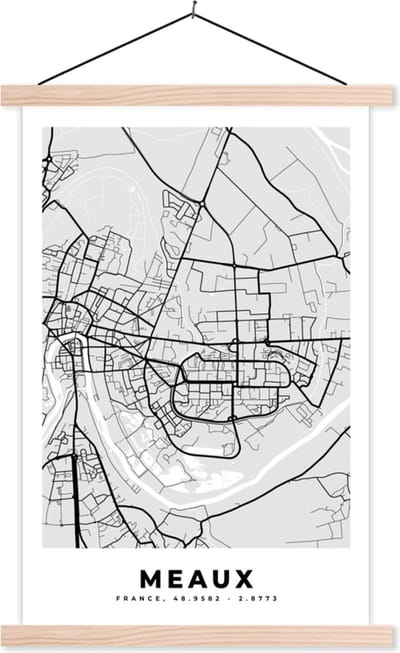 Posterhanger incl. Poster 40x60 cm - Schoolplaat - Kaart - Frankrijk - Stadskaart - Plattegrond - Meaux - Textielposter - Blanke latten - Stadskaart
