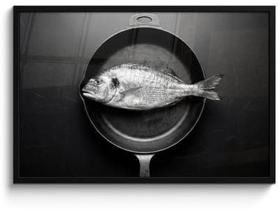 Poster in lijst - Fotolijst 90x60 cm - Posters - Pan - Vis - Zwart - Wit - Posterlijst zwart - Decoratie - Wanddecoratie woonkamer - Muurdecoratie slaapkamer