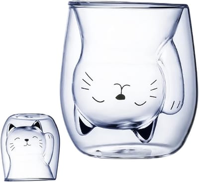 Dubbelwandige Isolatieglazen voor Thee en Koffie, Schattige Mokken voor Dranken (200ml), Happy Cat Design