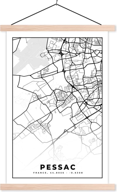 Posterhanger incl. Poster 40x60 cm - Schoolplaat - Kaart - Stadskaart - Frankrijk - Plattegrond - Pessac - Zwart wit - Textielposter - Blanke latten - Stadskaart
