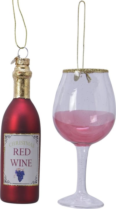 Decoris Kersthangers - 2x - wijnfles met wijnglas - glas - rood - kerstornamenten