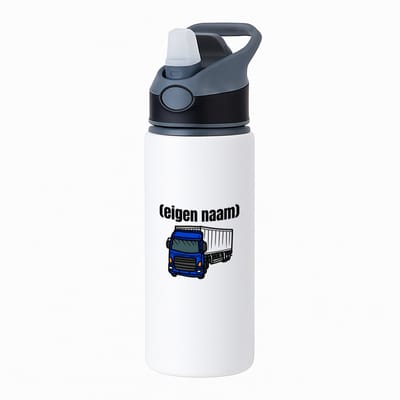 Hacebo® - blauwe vrachtwagen met eigen naam waterfles met rietje zwart - Vrachtwagen chauffeur - vrachtauto chauffeurs - iemand die houdt van vrachtwagens - verjaardag - cadeau - kado - geschenk - water fles - 650ML