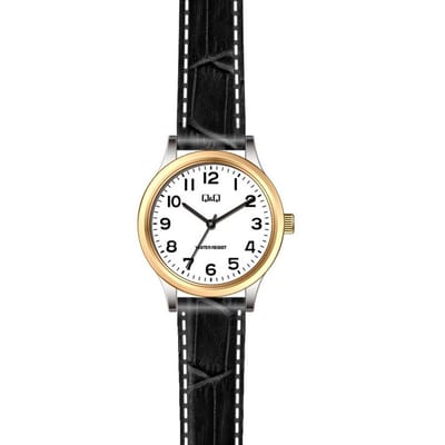 Q&Q C15A-500PY - Horloge - Analoog - Vrouwen - Dames - Leren band - Rond - Staal - Zwart - Zilverkleurig - Goudkleurig
