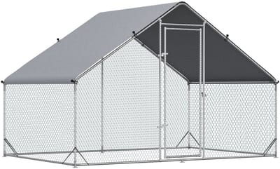 Merax Kippenren Buiten 300x200x200 cm Stalen Volière met Dak en Deur - Kippenhok en Freilandren voor 4-6 Kippen en Kleindieren - Zilver