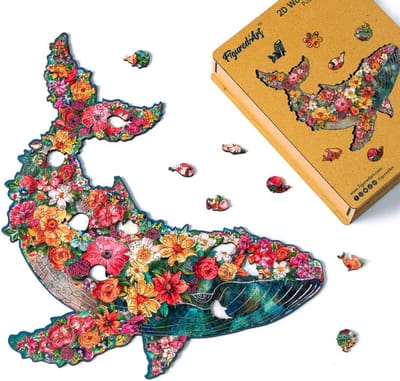 Houten Puzzel - Legpuzzel - Ontspanning - Uniek Design - 32x32 cm - Bloemen walvis