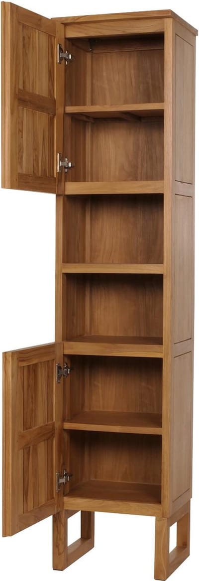 Teak hoge kast MCW-M72, badkamermeubel, 2 deuren 6 vakken, hoogwaardige B-kwaliteit teak (kernhout, 20-30 jaar) 181x40x35cm