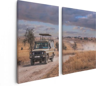 Artaza Canvas Schilderij Tweeluik Safari Auto in de Savanne - 80x60 - Foto Op Canvas - Canvas Print