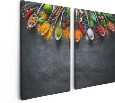 Artaza Canvas Schilderij Tweeluik Kruiden En Specerijen Op Een Zwarte Plaat - 80x60 - Foto Op Canvas - Canvas Print