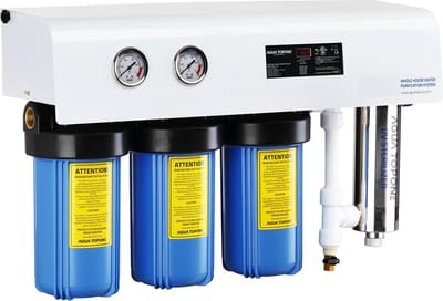 VHW104G Drinkwater UV Filter Systeem , 4 traps , 30 liter/minuut . PP – GAC - CTO + UV Filter. Schoon en veilig drinkwater in het hele huis
