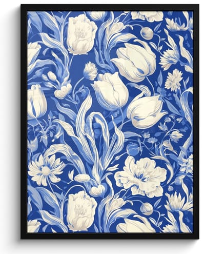 Poster in lijst - Fotolijst 50x70 cm - Posters - Bloemen - Delfts Blauw - Patroon - Tulp - Posterlijst zwart - Decoratie - Wanddecoratie woonkamer - Muurdecoratie slaapkamer