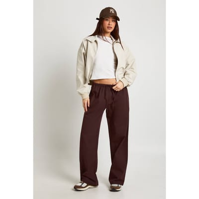 boohoo Dames Lange Chambray Wijde Broek met Trekkoord | Chocoladebruin | Maat: 34