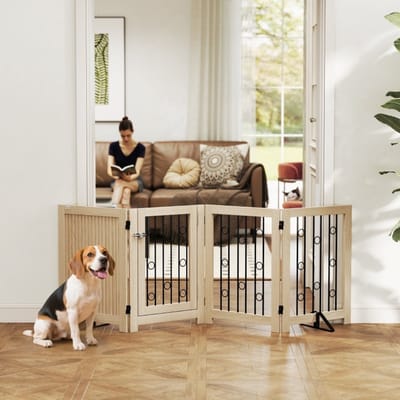 MODFU - Hondenhek Met Deur - 4 Panelen En Vrijstaand - Flexibel Vouwontwerp - Voor Hal En Trap - Hout En Staal - Eikenkleur - 70 Cm