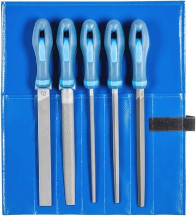 Werkplaatsvijlset in PVC-roltas - 5 vijlen voor fijne bewerking (200 mm)