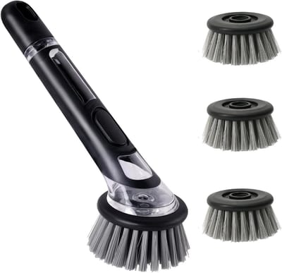 Multifunctionele Afwasborstel met 3 Vervangbare Borstels, Vulbare Keukenborstel voor Potten en Pannen, Effectieve Schoonmaakborstel voor Afwas en Rinsing