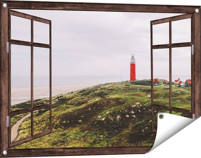 Gards Tuinposter Doorkijk Vuurtoren Texel - 90x60 cm - Tuindoek - Tuindecoratie - Wanddecoratie buiten - Tuinschilderij