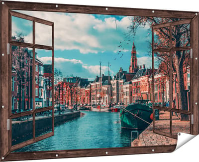 Gards Tuinposter Doorkijk Gracht in Groningen - 180x120 cm - Tuindoek - Tuindecoratie - Wanddecoratie buiten - Tuinschilderij