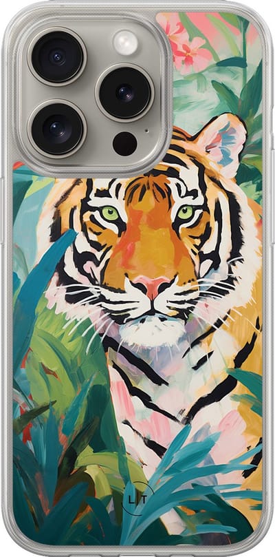 Hoesje geschikt voor iPhone 15 Pro Max - Tijger in de jungle - 2in1 backcover - Print / Illustratie - Multi - Leuke Telefoonhoesjes