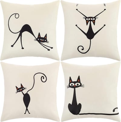 Famanu – Kussenhoezen - Fluwelen Kussenslopen 4 Pack Decoratieve Kussenshoezen - Kussenslopen voor Bank Woonkamer Auto (Kat - Linnen)