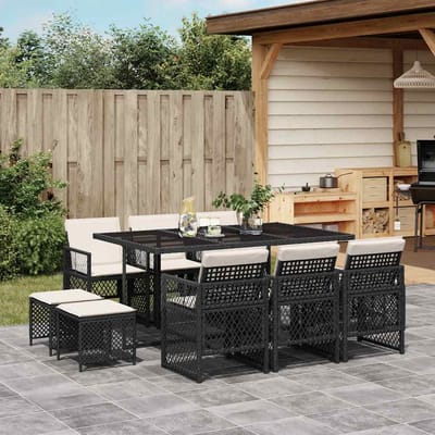 vidaXL - 11-delige - Tuinset - met - kussens - poly - rattan - zwart