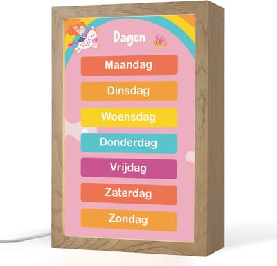 Nachtlampje 20x30 cm - Kinder lampje - Dagen van de week - Educatief - Leren voor kinderen - Roze - Tafellamp kinderkamer - Slaapkamer lamp - Bedlamp kinderen - Kinderlampje stopcontact - Wandlamp babykamer - Nachtlampjes