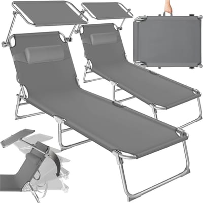 tectake® Ligbedden met Zonnescherm - Set van 2 Zonnebedden - 190 x 68 x 111 - 4 standen - Inklapbaar - Met Handgreep en Hoofdkussen - Grijs