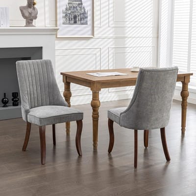 BLACKCOLORS Eetkamerstoelen van flocked rayon, Channel-keukenstoelen, comfortabele bijzetstoelen van gestoffeerde stof voor de eetkamer met gebogen massief houten poten, set van 2 (grijs), DE1847GY