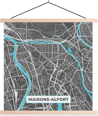 Posterhanger incl. Poster 40x40 cm - Schoolplaat - Stadskaart – Frankrijk – Kaart – Maisons-Alfort – Plattegrond - Textielposter - Blanke latten - Stadskaart