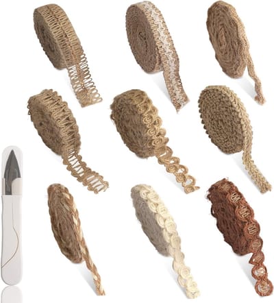 9 Rollen Jute Lint met Kant voor Creatieve Knutselprojecten, Geschenken en Bruiloft Decoratie, Natuurlijk en Rustiek Jute Touw