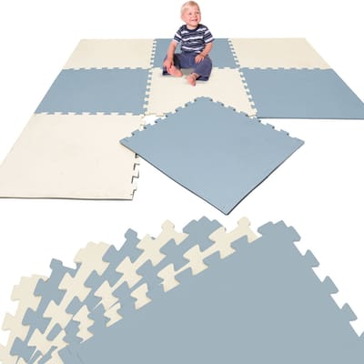 Kinder Speelmat Beige & Blauw - 8 Delen van 50 x 50 cm - EVA Puzzelmat 200x100 - Vloermat Kruipmat