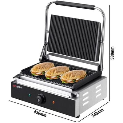 GGM Gastro Kontaktgrill / Hamburger Grill - 2,2 kW - oben & unten Gerillt - Grillfläche: 345x235mm Zilver / Zwart