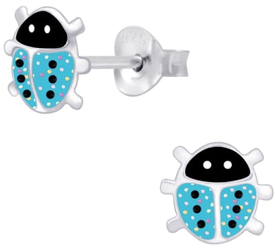 Joy|S - Zilveren lieveheersbeestje oorbellen - glitter blauw - 7 x 6 mm