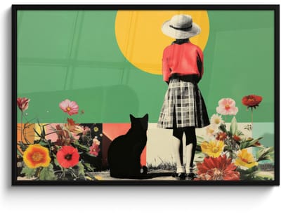 Poster in lijst - Fotolijst 120x80 cm - Posters - Retro - Meisje - Kat - Zon - Posterlijst zwart - Decoratie - Wanddecoratie woonkamer - Muurdecoratie slaapkamer