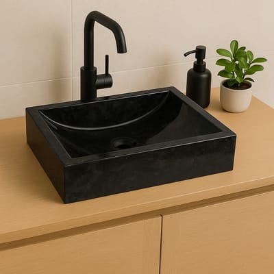 Lendo Online Wastafel rechthoekig 45x30x12 cm Marmer - natuursteen zwart - wasbak voor badkamer en toilet - spoelbak - waskom - unieke vorm en kleur!