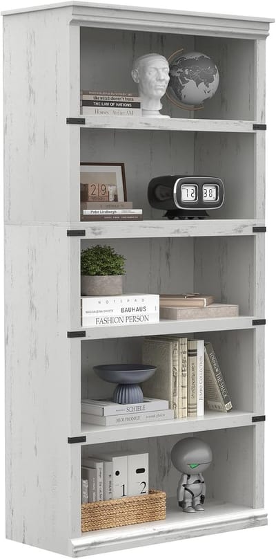 Hoge Boekenkast met 5 Planken - Klassieke Houten Vakkenkast - Opbergkast voor Woonkamer & Kantoor - 171 cm Hoog - Wit