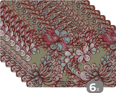 Placemat - Placemats kunststof - Patroon - Bladeren - Abstract - 45x30 cm - 6 stuks - Hittebestendig - Anti-Slip - Onderlegger - Afneembaar